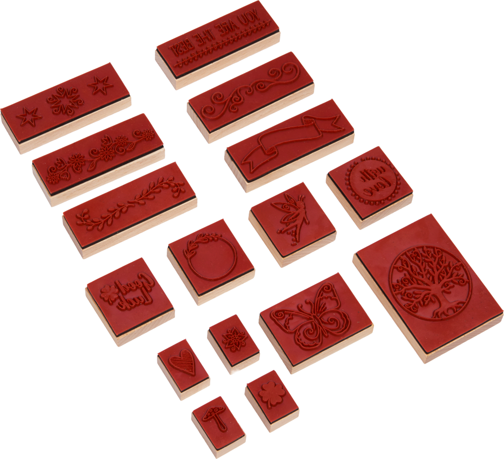 Set aus roten Gummistempeln mit Holzrückseite in verschiedenen Formen und Motiven wie Baum, Schmetterling und Ornamenten.