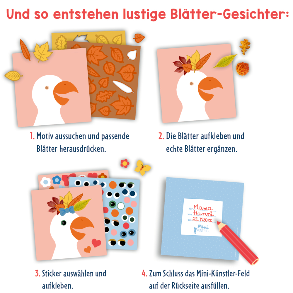 Vier Bastelschritte mit Gänsemotiv, Blättern, Stickern und Namensfeld zur Gestaltung eines Blätter-Gesichts.