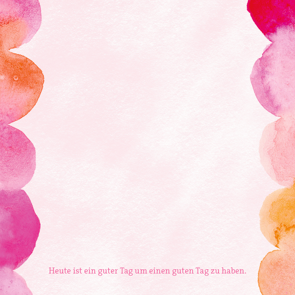 Rosa und orange Aquarellrand, deutscher Text unten, heller Hintergrund.