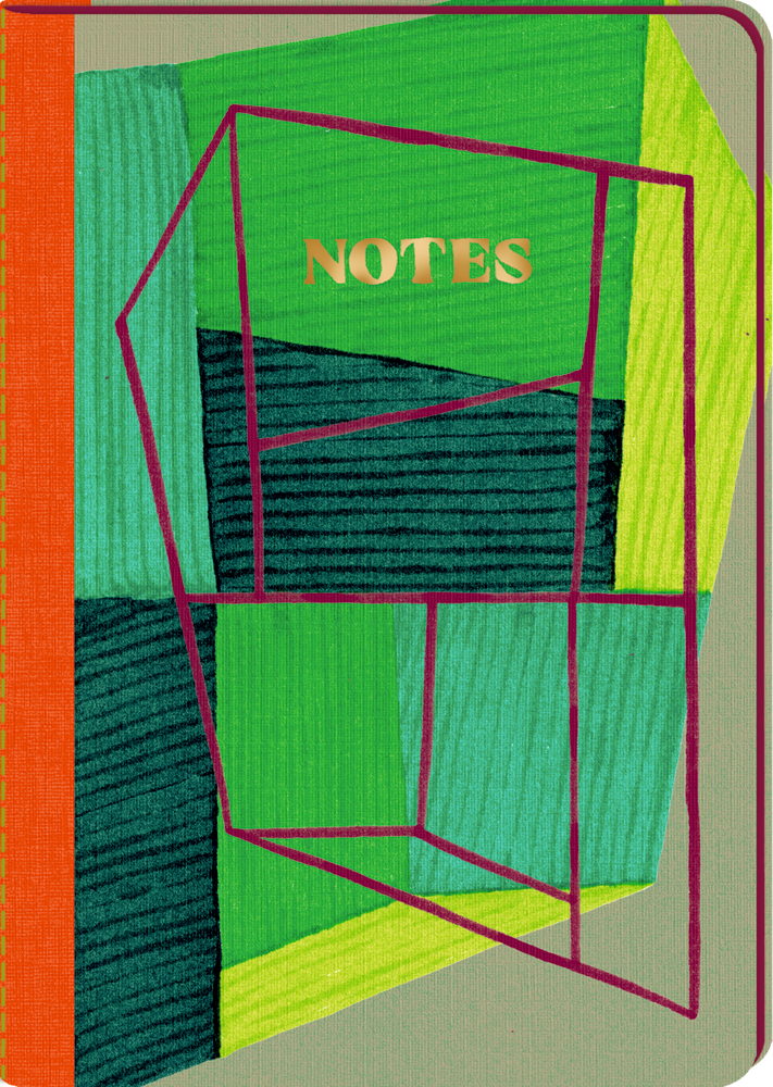 Notizbuch mit grün-blau gemustertem Umschlag, orangem Rand und goldener Aufschrift „NOTES“ auf der Vorderseite.