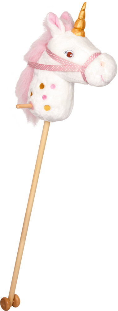 Plüsch-Steckenpferd in Form eines Einhorns mit goldenem Horn, rosa Mähne und einem Holzstock mit Rädern.