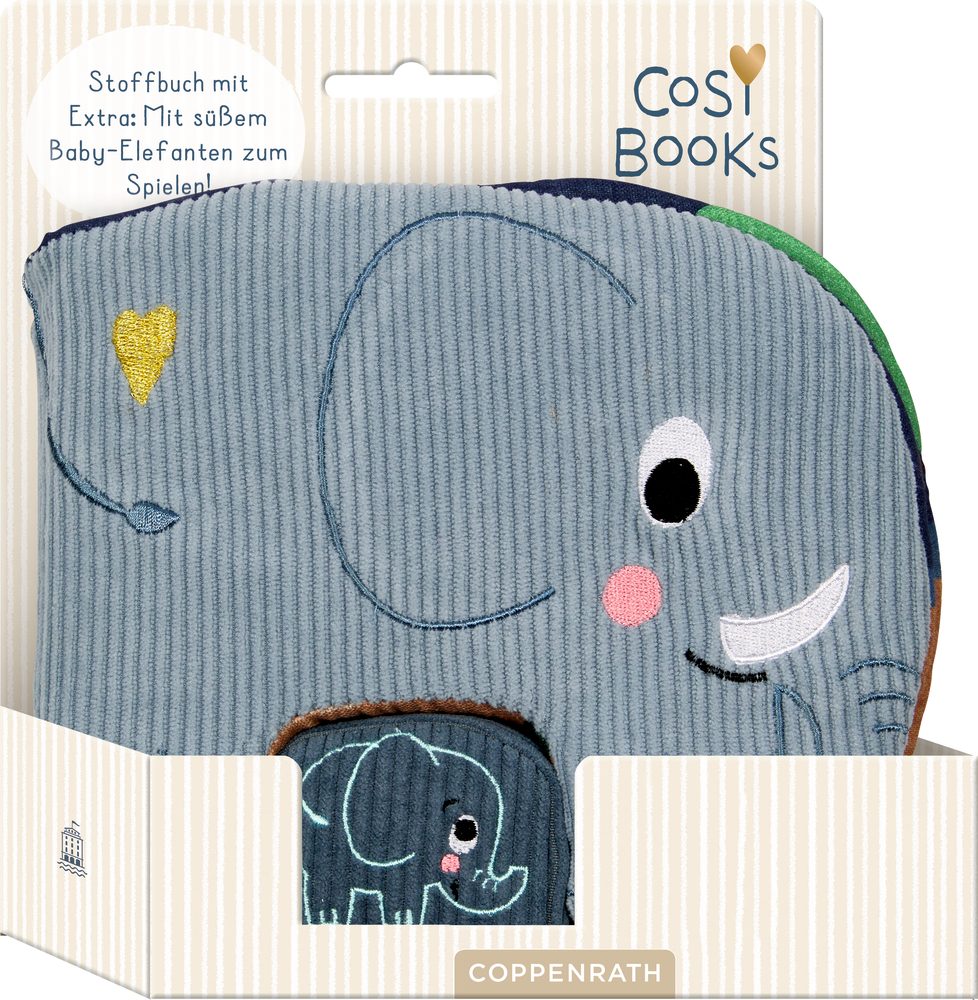Weiches Stoffbuch in Elefantenform mit gestickten Details. Kleiner Baby-Elefant als Greiffigur zum Herausnehmen.