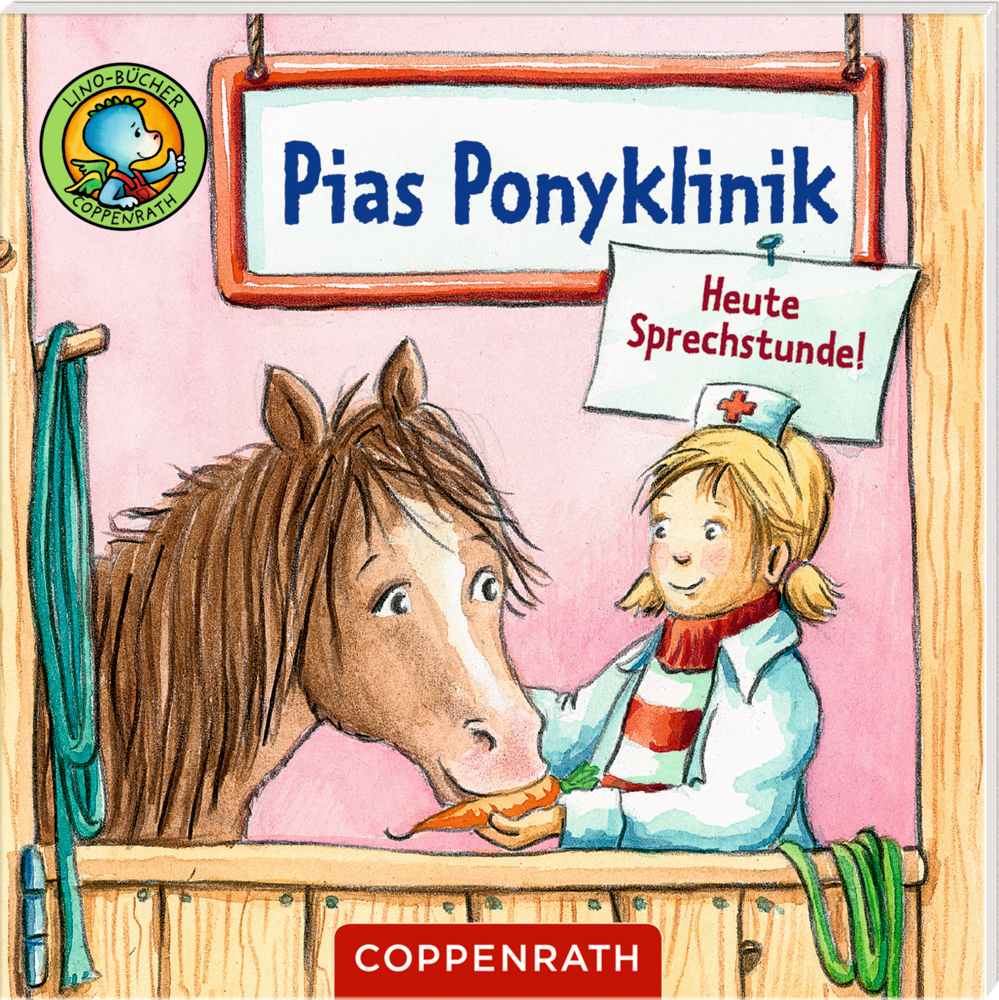 Buchcover: Mädchen im Arztkittel füttert Pony in der Klinik mit einer Karotte.