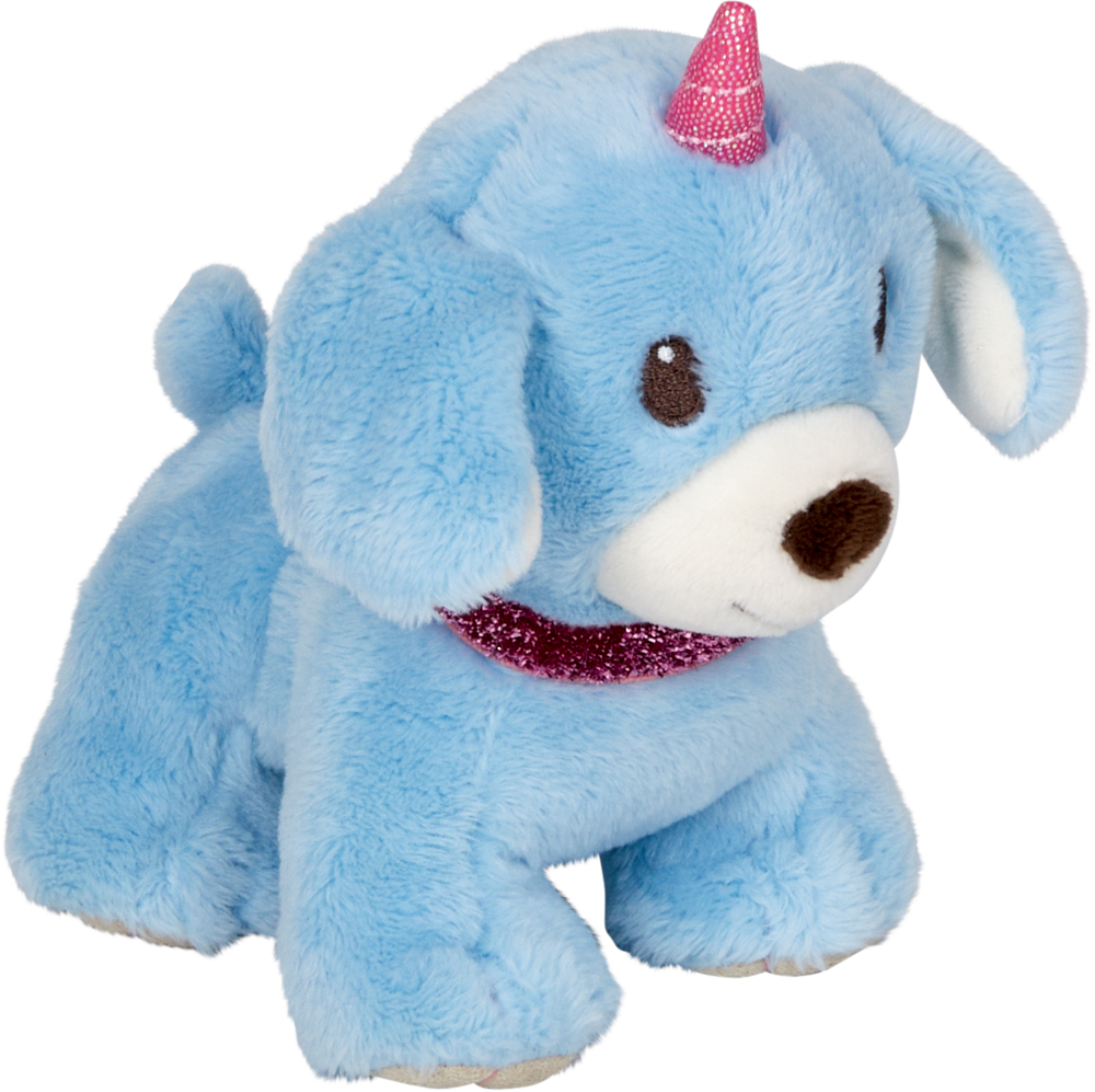 Blauer Plüschhund mit rosa Einhornhorn und glitzerndem rosa Halsband.