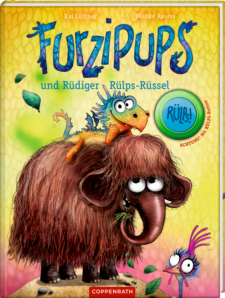 Ein buntes Kinderbuchcover "Furzipups und Rüdiger Rülps-Rüssel" mit niedlichem Drachen der auf einem Mammut liegt, umgeben von einem Huhn und BlÃ¤ttern.