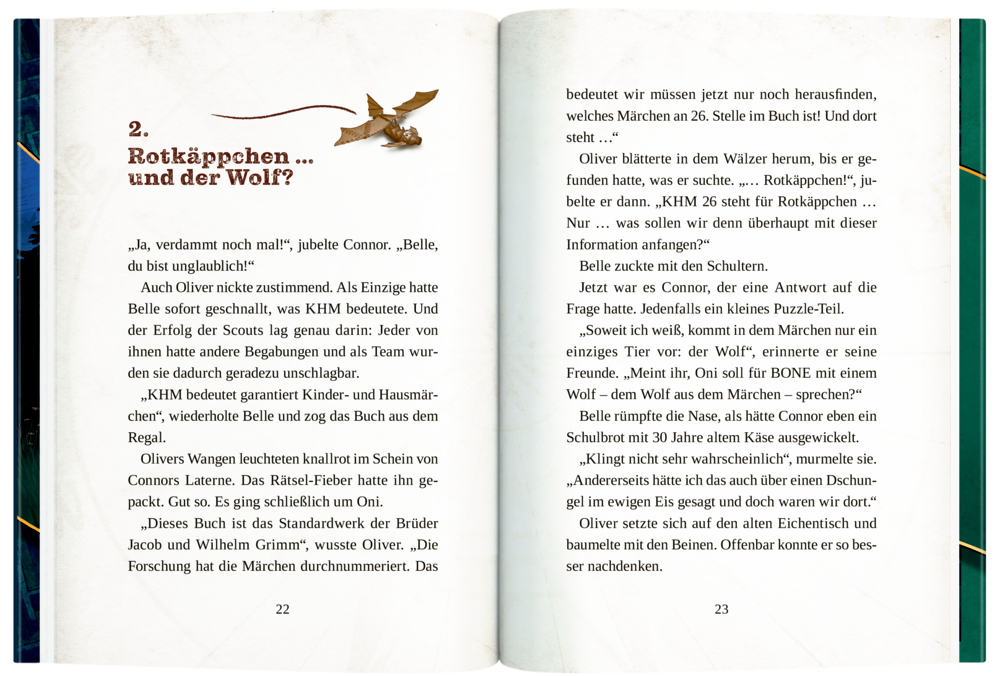 Ein geöffnetes Buch mit einer Seite, darauf der Titel Rotkäppchen ... und der Wolf? und ein kleiner goldener Wolf.