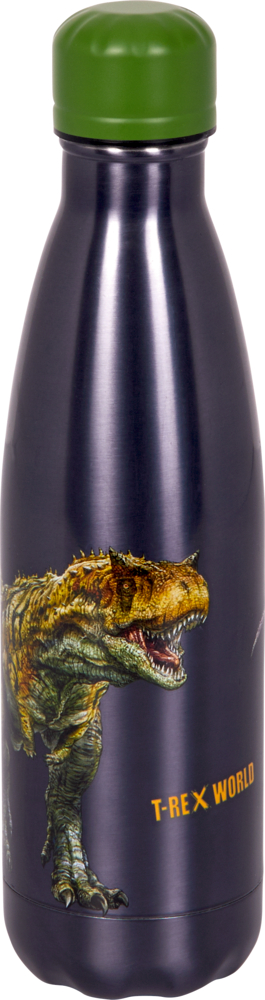 Metallwasserflasche mit grünem Deckel, T. Rex-Illustration und dem Text „T-REX WORLD“.