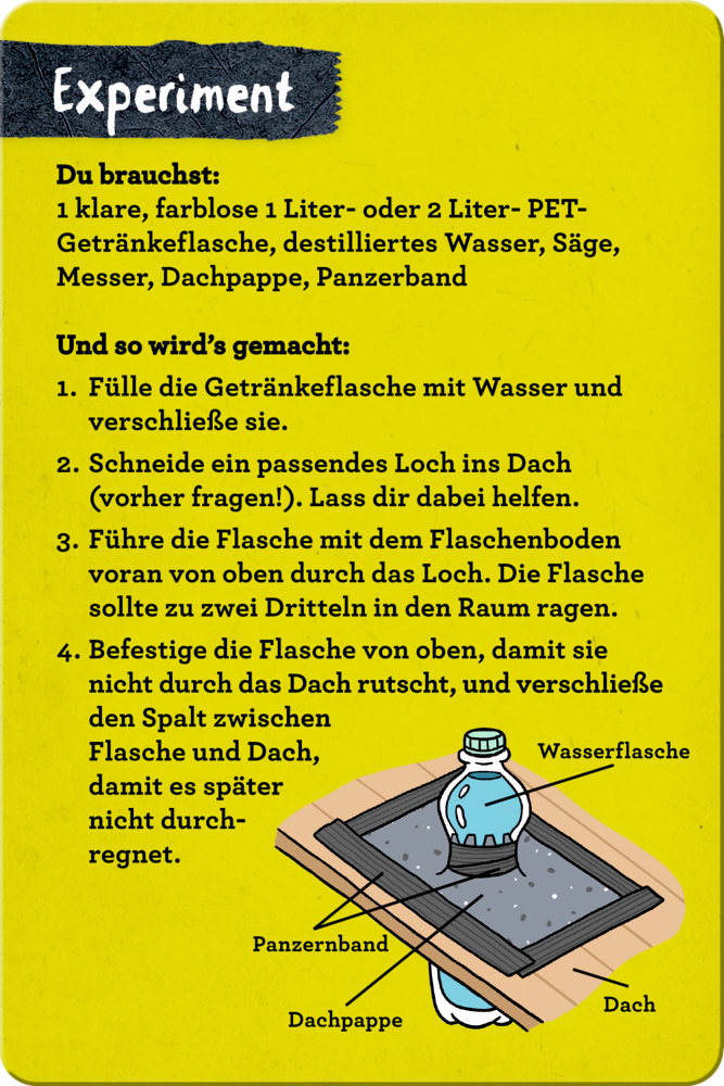 Karte mit einem Experiment zum Bau einer Solar-Wasserflaschenlampe.