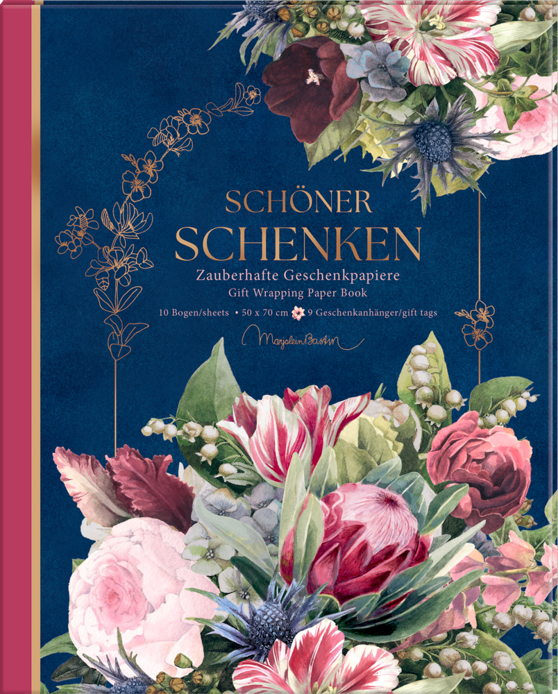 Buch mit dunkelblauem Cover, goldener Schrift und floraler Illustration aus roten, rosa und weißen Blüten.