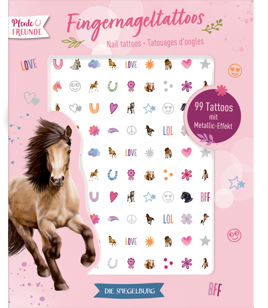 Rosa Nageltattoos mit Pferdemotiven, Pferden, Blumen, Herzen und metallischen Akzenten.