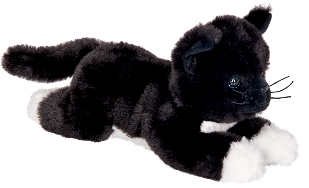 Schwarz-weißes Plüsch-Katzenspielzeug, liegend mit ausgestreckten Vorderpfoten.