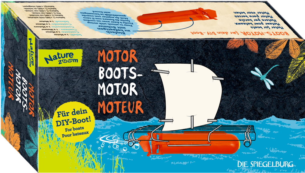 Box für DIY-Bootsmotor-Kit, illustriert mit Segelboot und bunten Blättern.