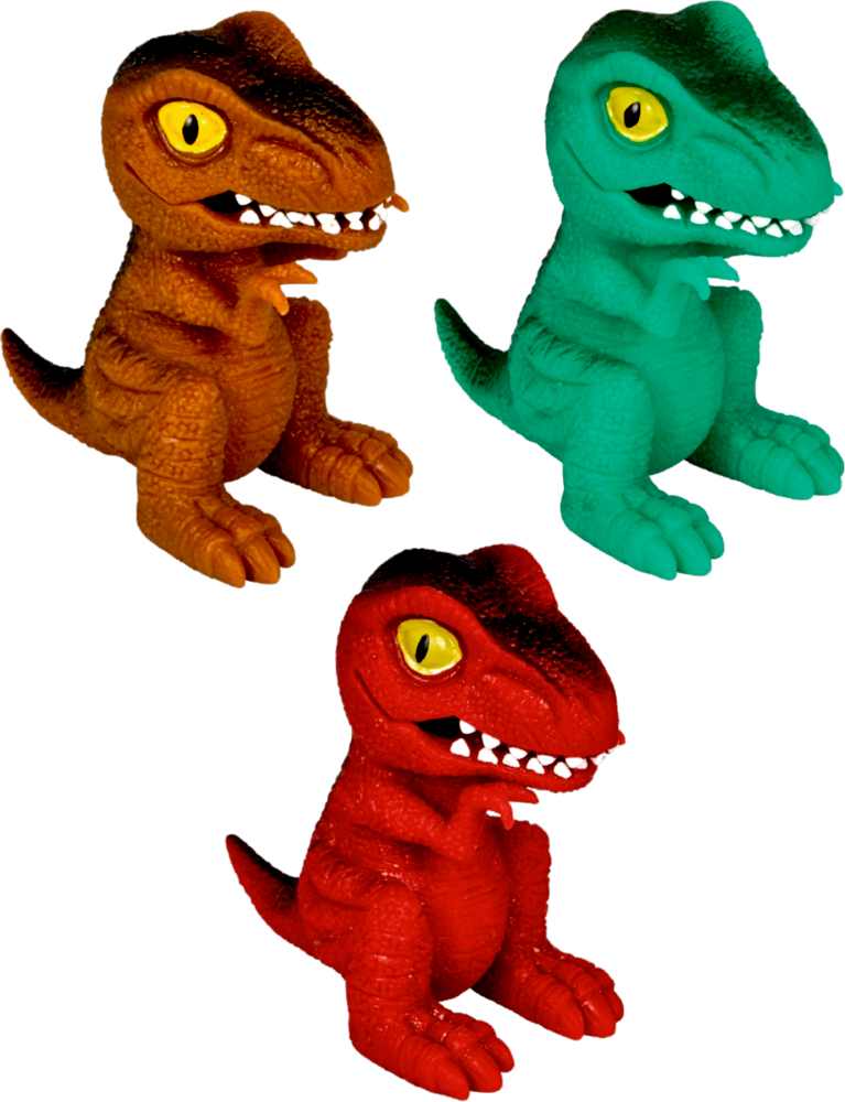 Drei Dinosauriersfiguren – braun, grün und rot – sitzen aufrecht mit großen Augen und einem breiten Lächeln.