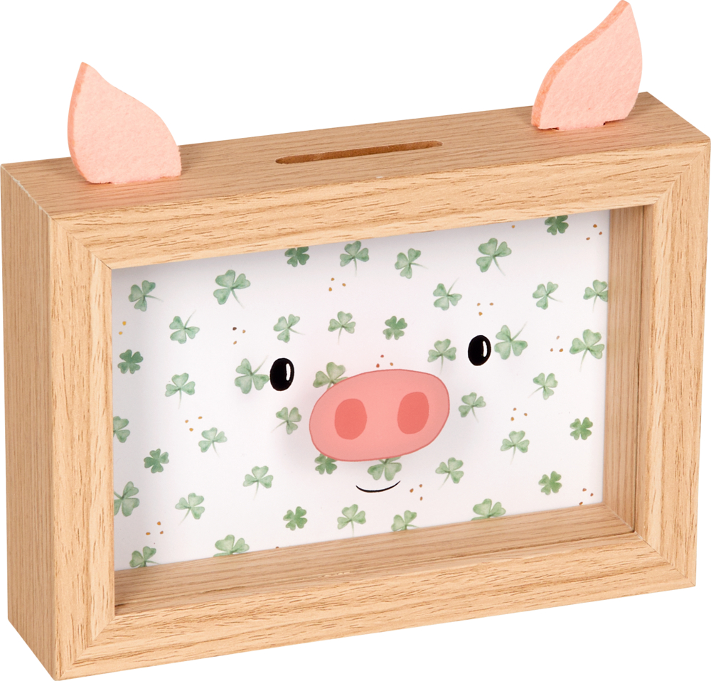 Sparschwein aus Holz in Form eines Bilderrahmens mit rosa Filzohren, aufgedrucktem Schweinegesicht vorne und Kleeblatt-Hintergrund im Inneren.