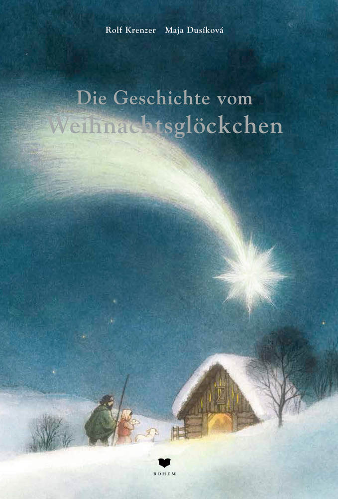 Ein heller Stern leuchtet über einer verschneiten Weihnachtskrippe mit Hirten und einem kleinen Stall.