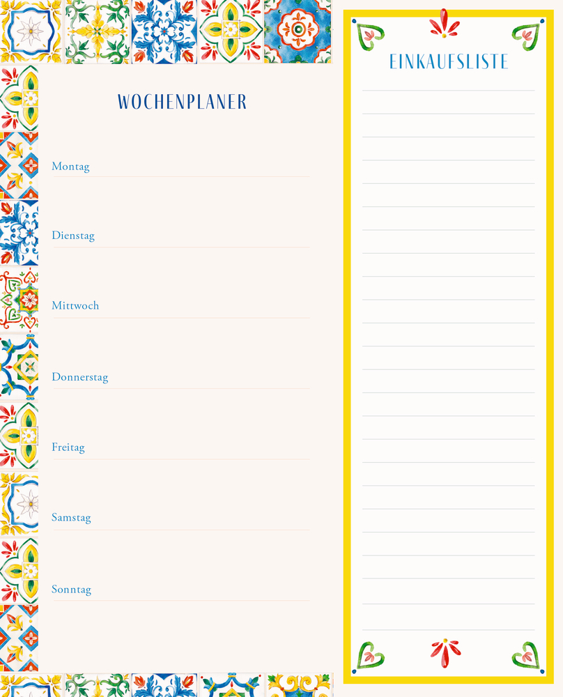 Wochenplaner mit Feldern für Montag bis Sonntag und rechter Spalte für Einkaufsliste, bunt umrandet mit Kachelmustern.