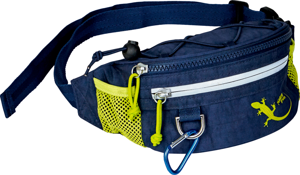 Marineblaue Gürteltasche mit Reißverschlüssen, gelben Netztaschen, einem Eidechsenmotiv und blauem Karabiner.