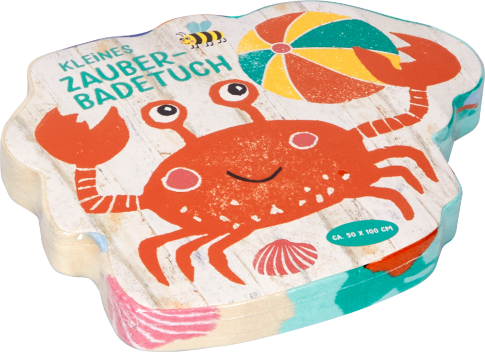 Farbenfrohes Objekt in der Form einer Krabbe mit zusätzlicher Abbildung einer lustigen Krabbe sowie Strandmotiven.