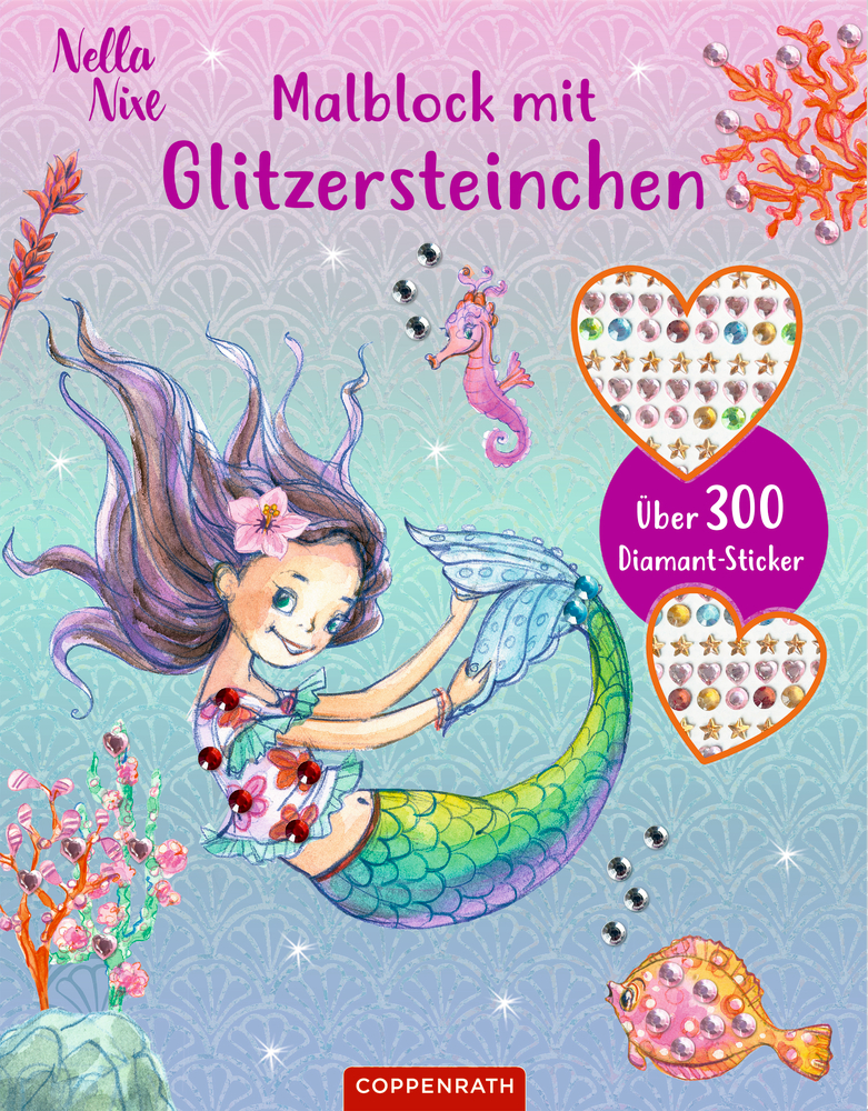 Malblock mit Glitzersteinchen und einer bunten Zeichnung einer lächelnden Meerjungfrau, Fischen und Stickern.