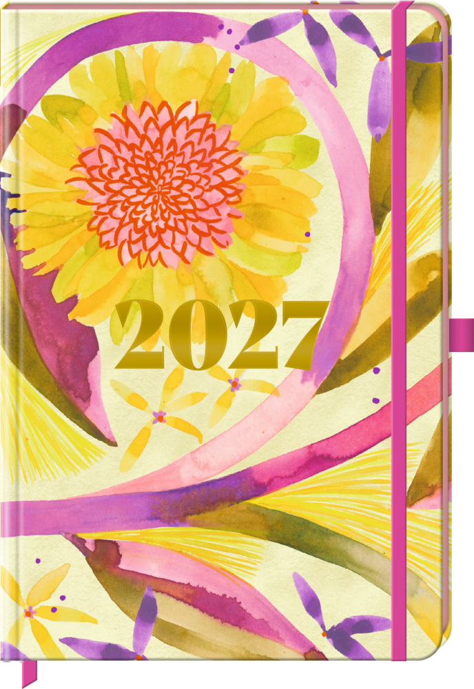 Kalender mit bunter Blumen-Aquarelloptik in Pink, Lila und Gelb. Goldene Zahl 2027 auf dem Cover.