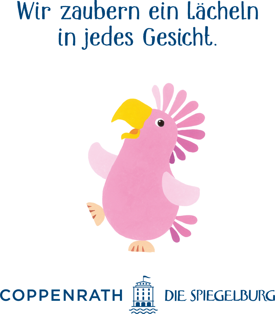 Unter dem deutschen Text und den Logos von Coppenrath Die Spiegelburg steht ein rosa Comic-Kakadu mit gelbem Schnabel.