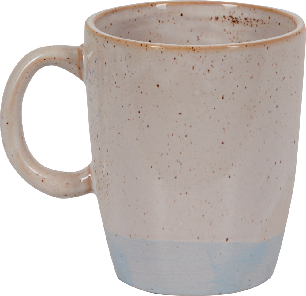 Rückseite einer creme-weißen Keramiktasse mit hellblauem Farbverlauf am Boden.