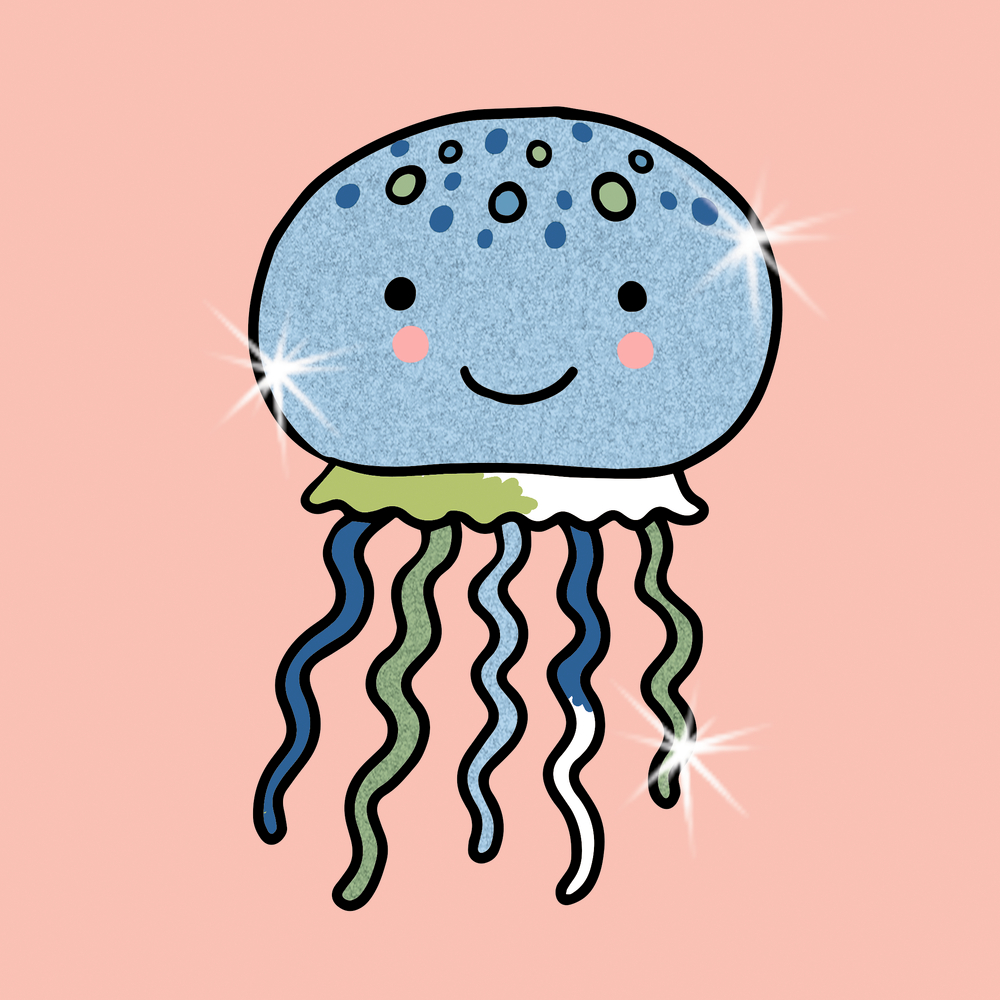 Illustration einer blauen Qualle mit lächelndem Gesicht und wellenförmigen Tentakeln auf rosa Hintergrund.