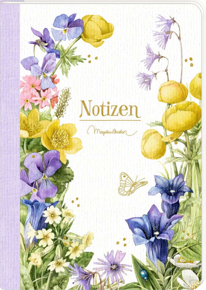 Cover eines Notizbuchs mit leuchtenden Blumenillustrationen und der goldenen Aufschrift "Notizen"