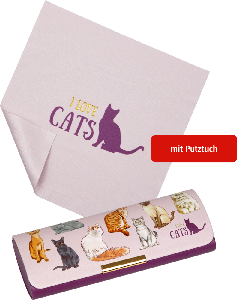 Rosa Brillenetui mit Katzenillustrationen und dem Text „I Love Cats“, gepaart mit einem passenden Reinigungstuch.