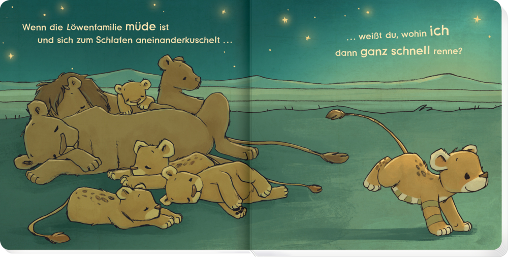 Buchillustration einer schlafenden Löwenfamilie unter Sternen, während ein Löwenjunges wegrennt.