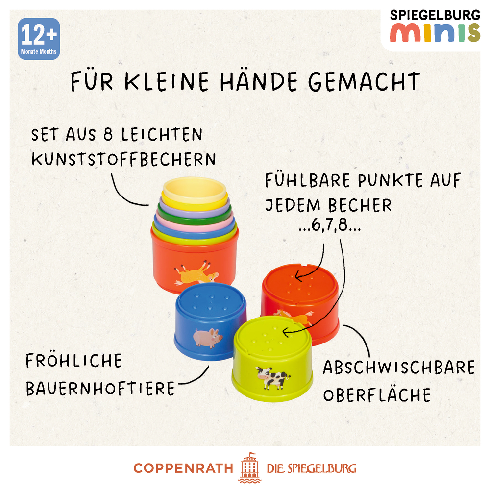 Farbig gestapelte Becher aus Kunststoff mit Tiermotiven, genoppten Flächen, abwischbar, geeignet für Kinder ab 12 Monaten.