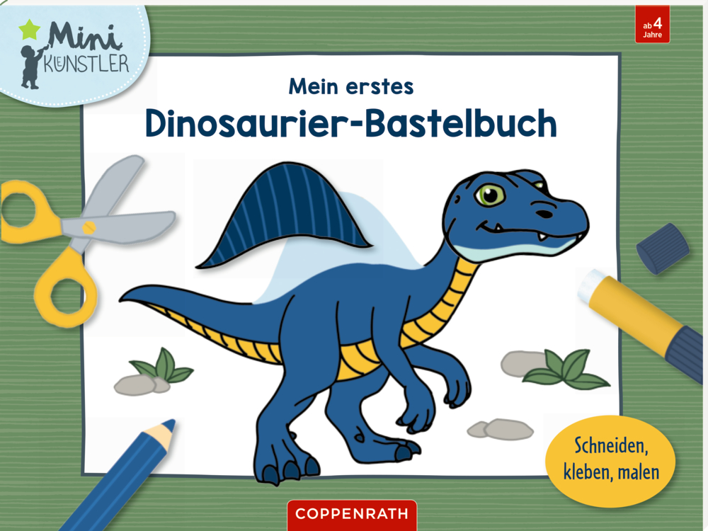 Ein gezeichneter blauer T-Rex abgebildet mit Bastelmaterial auf einem Buchcover.
