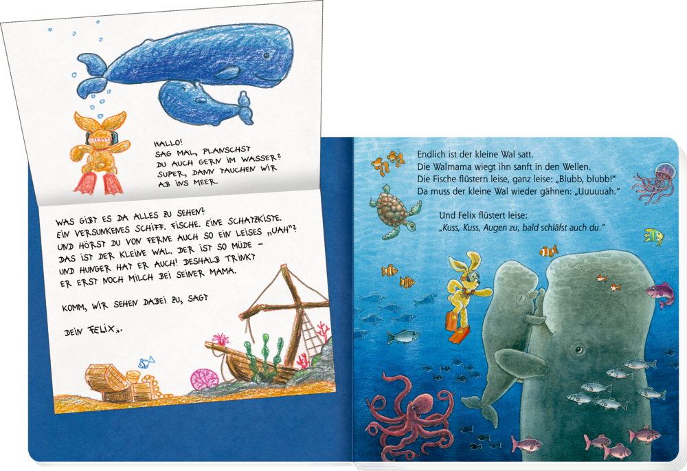 Kinderbuchseiten mit Walen, Fischen, Text, einem Brief und lebendigen Unterwasserszenen.