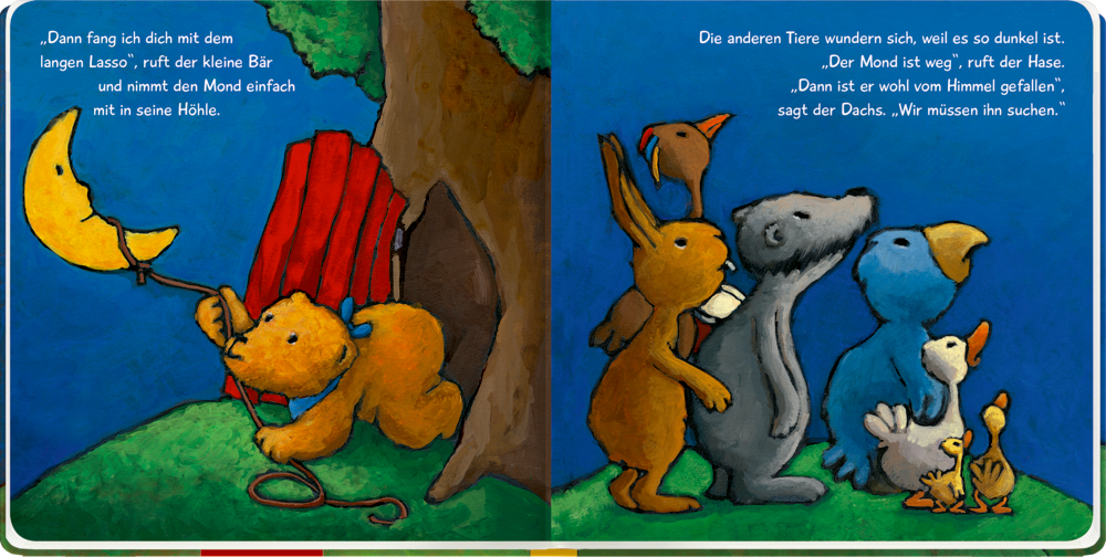 Ein Bär fängt den Mond mit dem Lasso ein, während die Tiere sich nachts über die Dunkelheit wundern.