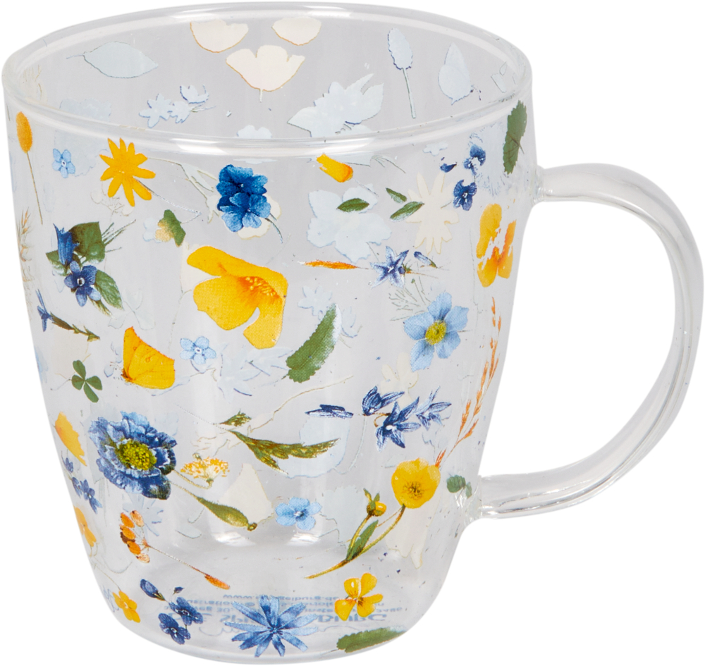 Klarer Glasbecher mit gelben, blauen und orangefarbenen Blumen und grünen Blättern.