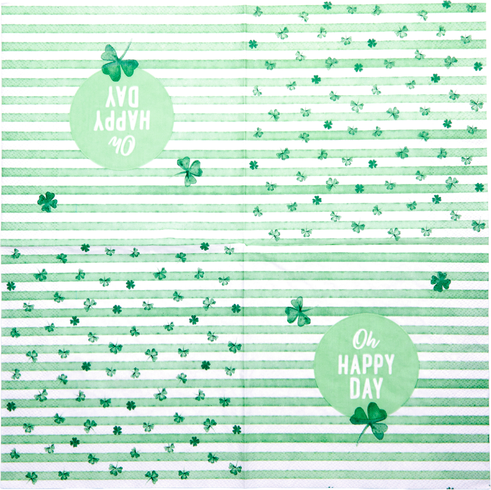 Aufgefaltene grün-weiß gestreifte Serviette mit Kleeblattmotiven und dem Text „Oh Happy Day“ in grünen Kreisen.