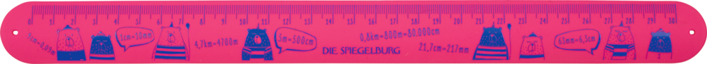Rosa Lineal mit runden Ecken, Cartoon-Bären in verschiedenen Outfits und mit Zentimeter-Skala von 0 bis 30.