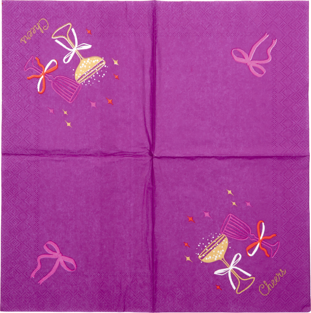 Aufgefaltene lila Serviette mit Abbildungen zweier Gläser, Schleifen, Sternen und dem Schriftzug „Cheers“ in zwei Ecken.