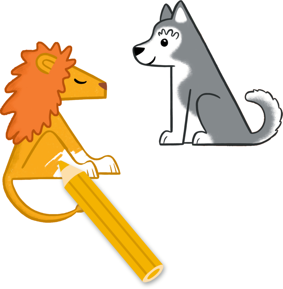 Ein Bleistift malt eine Löwenzeichnung aus, während ein lächelnder Cartoon-Wolf daneben sitzt.