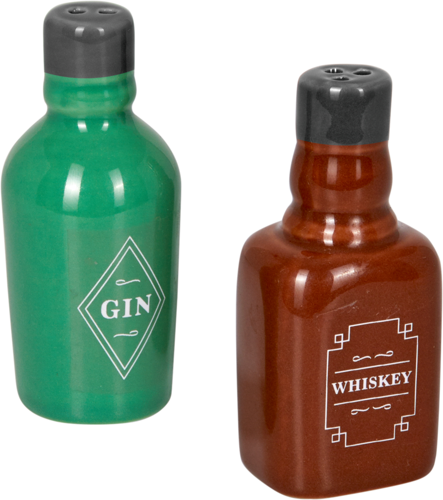 Zwei flaschenförmige Salz- und Pfefferstreuer mit der Aufschrift „Gin“ (grün) und „Whiskey“ (braun), jeweils mit schwarzem Deckel.