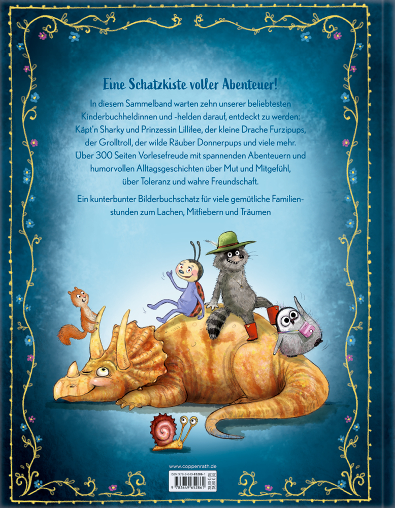 Buchrückseite: Illustration eines liegenden Dinosauriers mit einer Schnecke, einem Eichhörnchen, einem Marienkäfer, einem Waschbären mit Hut und einem Pinguin auf dem Rücken.