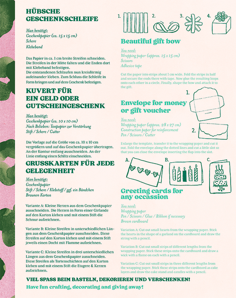 Bastelanleitung mit Texten und Zeichnungen für Geschenkideen aus Papier wie Schleifen, Umschläge und Grußkarten.