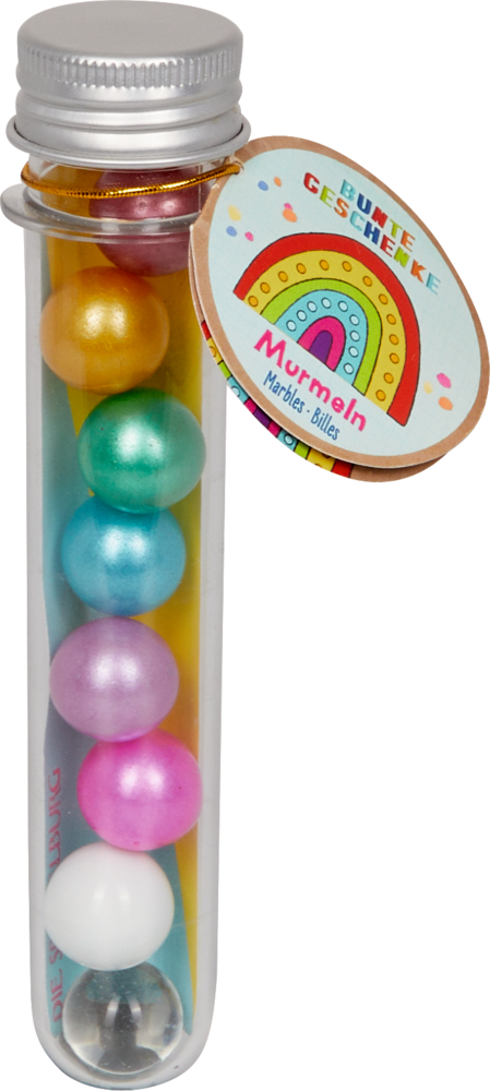 durchsichtige Röhre mit bunten Murmeln, versiegelt mit einer Metallkappe und einem Regenbogenetikett.