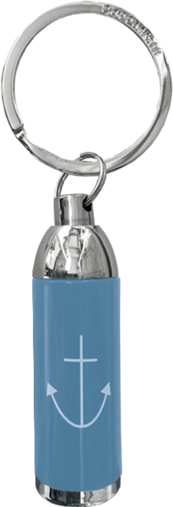 Silberner Schlüsselanhänger mit einer blauen Mini-Taschenlampe mit einem weißen Anker- und Kreuzsymbol.