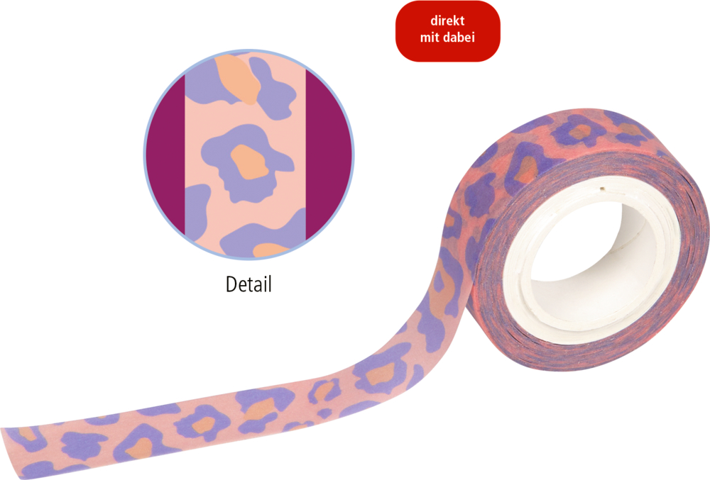 Rolle Klebeband mit lila-orangenem Leopardenmuster, Detailausschnitt des Musters sichtbar.