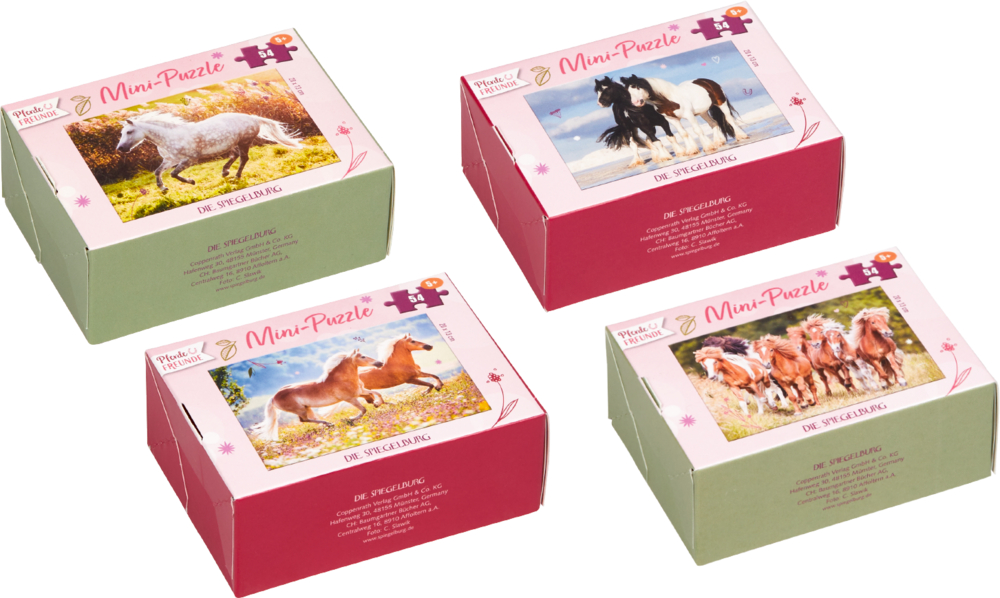 Vier Mini-Puzzles, jedes mit einem Pferd in einer anderen natürlichen Außenszene.