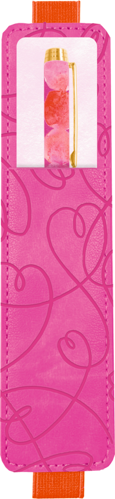 Pinkfarbener Stiftehalter enthält einen Stift mit rosa-rotem Design und goldenem Clip.