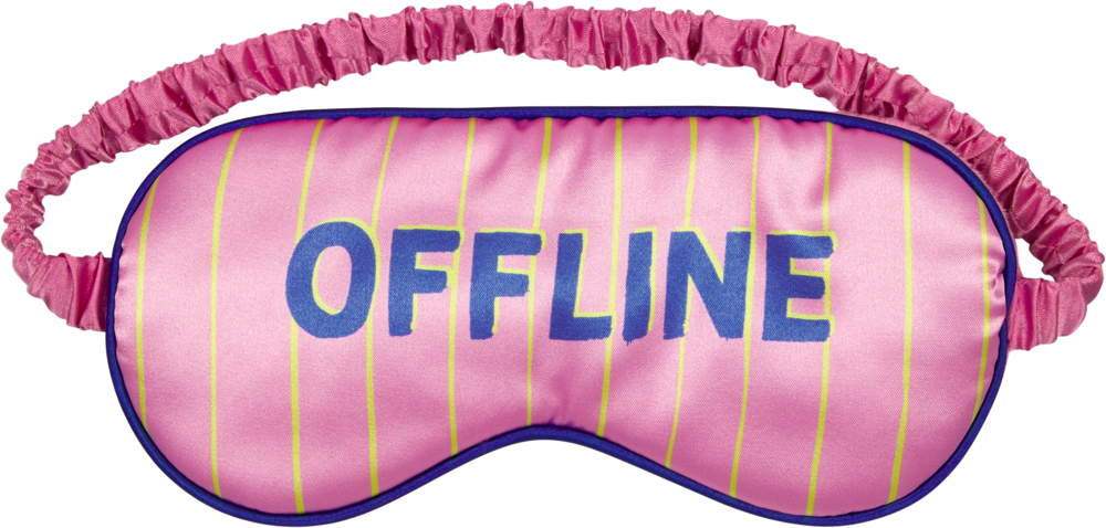 Rosa Schlafmaske mit gelben Streifen und dem Wort OFFLINE in blauen Großbuchstaben auf der Vorderseite.