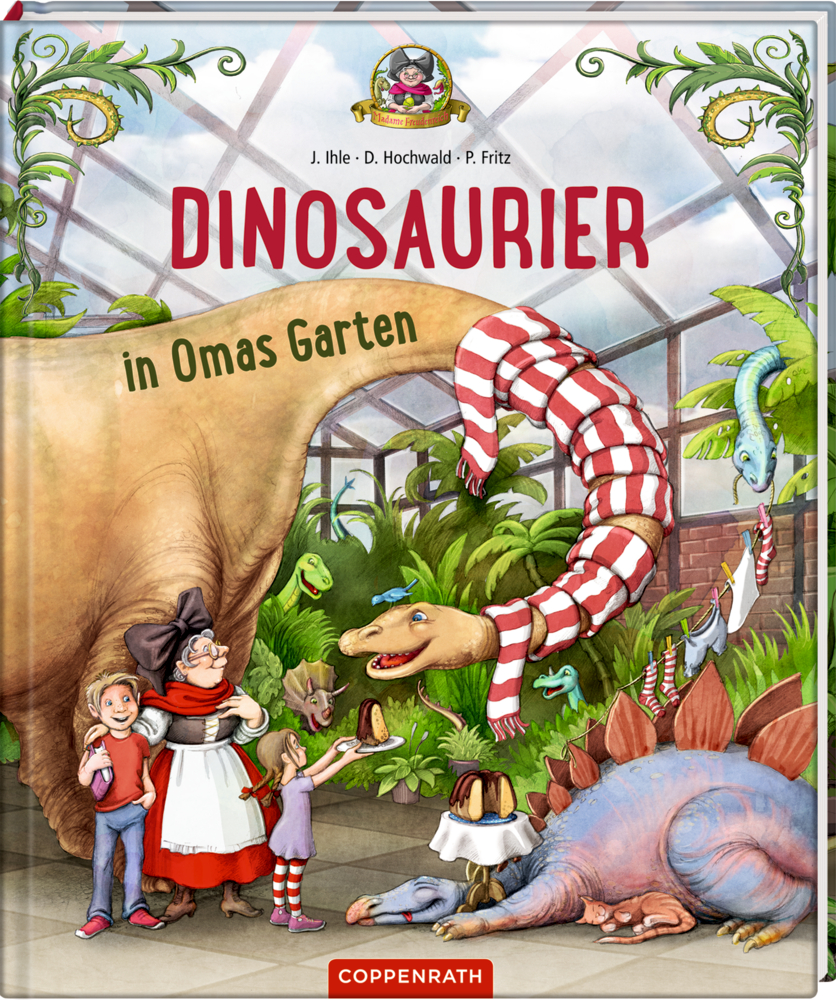 Kinderbuchcover: Dinosaurier mit Schal, eine Oma und zwei Kinder zusammen in einem Gewächshaus.