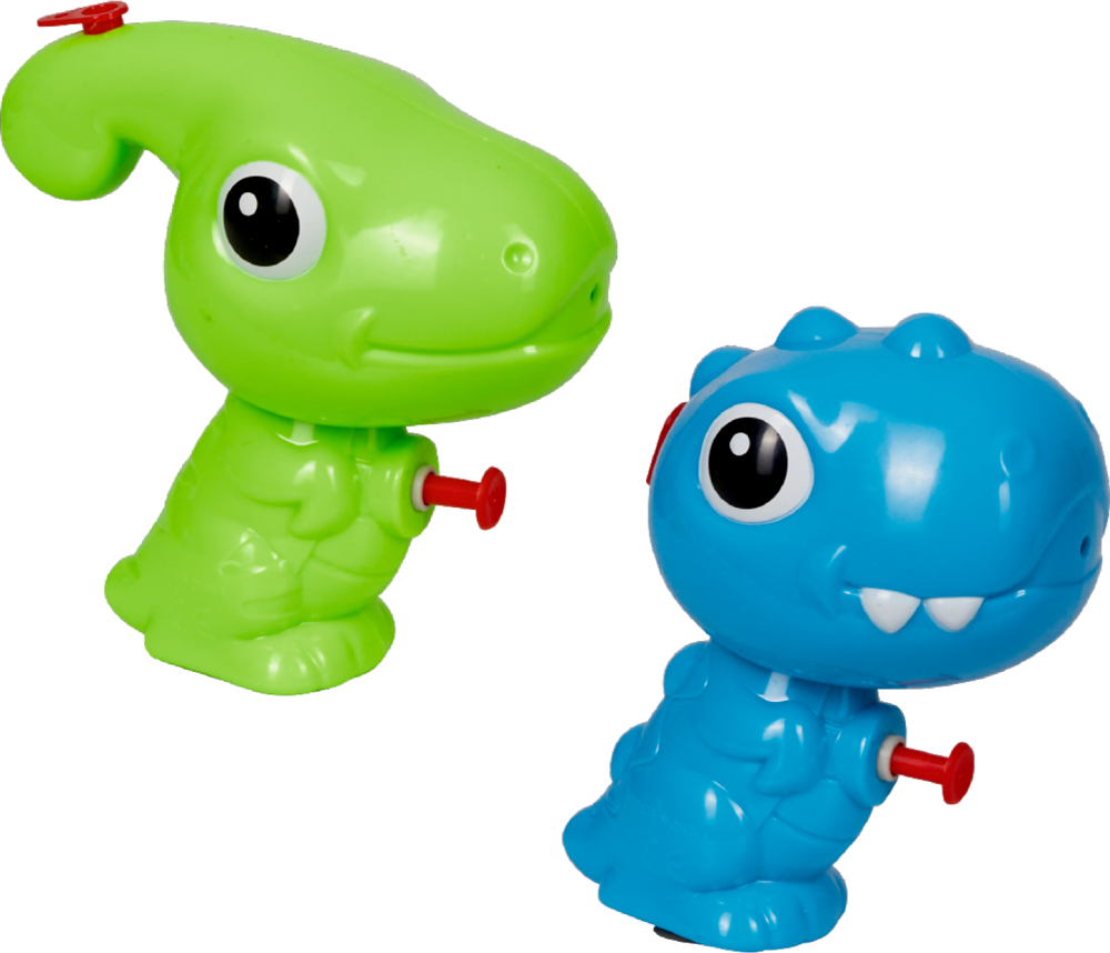 Zwei Spielzeugdinosaurier, einer grün und einer blau, mit großen Augen und rotem Knopf.